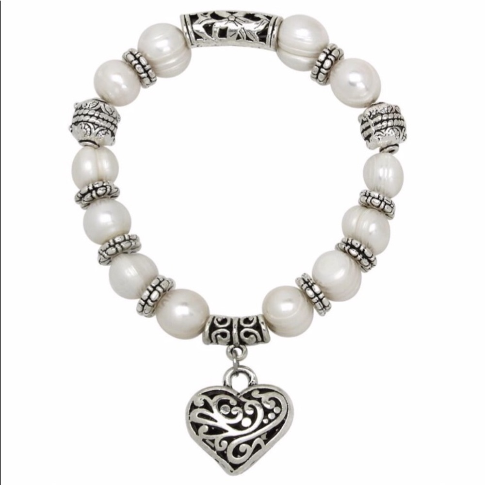 Pearl Bracelet Silver Heart Charm filigree rondels